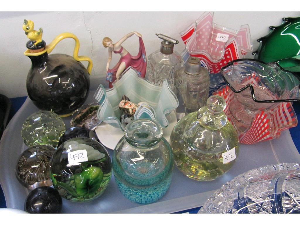 Appraisal: Tray lot of assorted glass etc paperweights handkerchief bowls etc