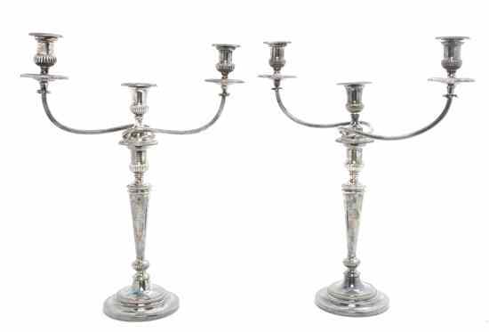 Appraisal: A Pair of English Silverplate Three-Light Candelabra Matthew Boulton Sheffield