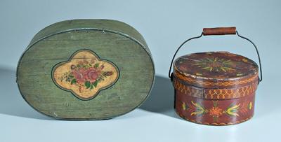 Appraisal: Two painted wooden boxes one circular with cut nail construction