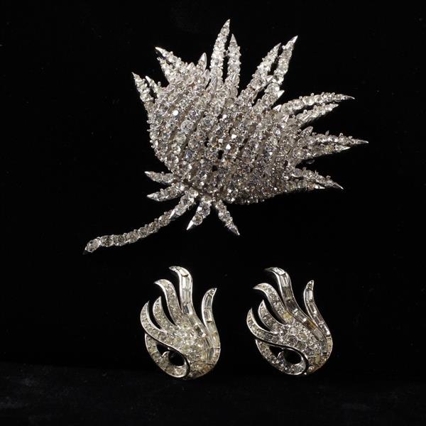 Appraisal: Trifari pc Pave Floral Brooch Pin Clip Earrings