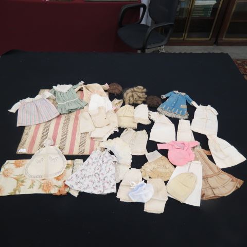 Appraisal: Lot of Doll Clothes wig doll bed quilt bonnet a