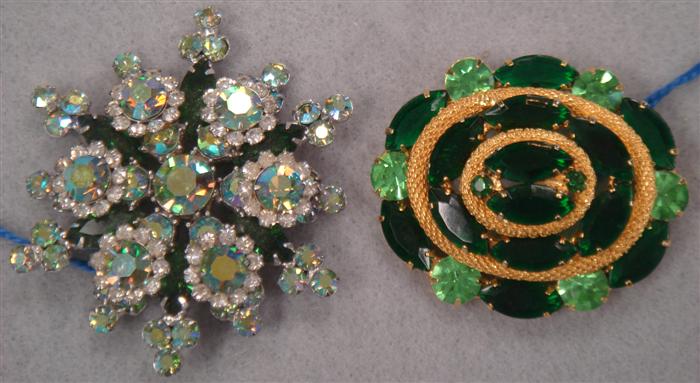 Appraisal: Brooches Green stones and rhinestones Iridescent green rhinestones Estimate -