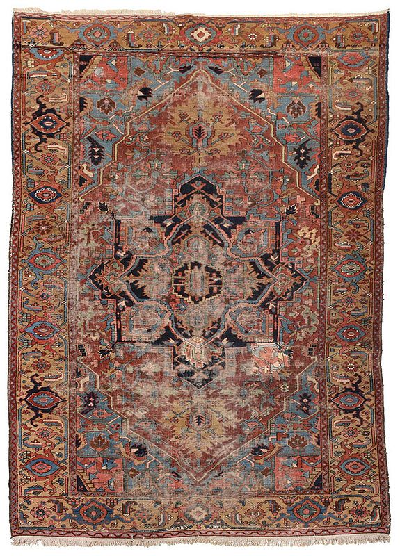 Appraisal: Heriz Rug Persia early th century blue polygonal medallion on