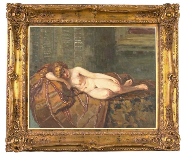 Appraisal: French School st Century Reclining Nude oil on canvas x