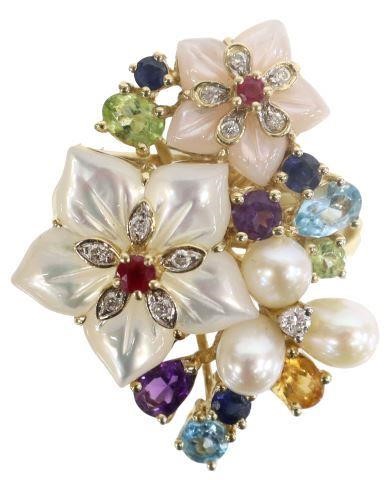 Appraisal: Estate kt yellow gold ring multi-gem cluster with mother-of-pearl flowers