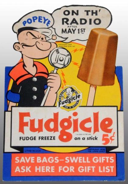 Appraisal: Cardboard Die-Cut Popeye Fudgicle Radio Show Sign Description At the