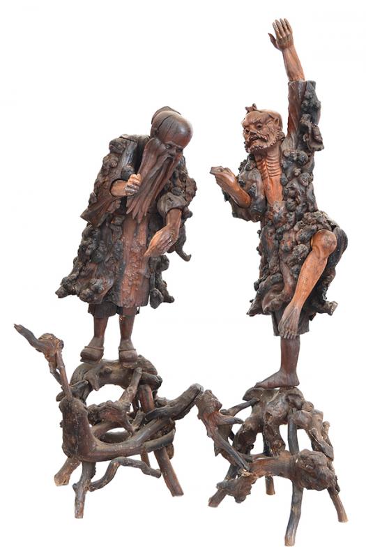 Appraisal: TWO CHINESE CARVED WOODEN FIGURES ON STANDS