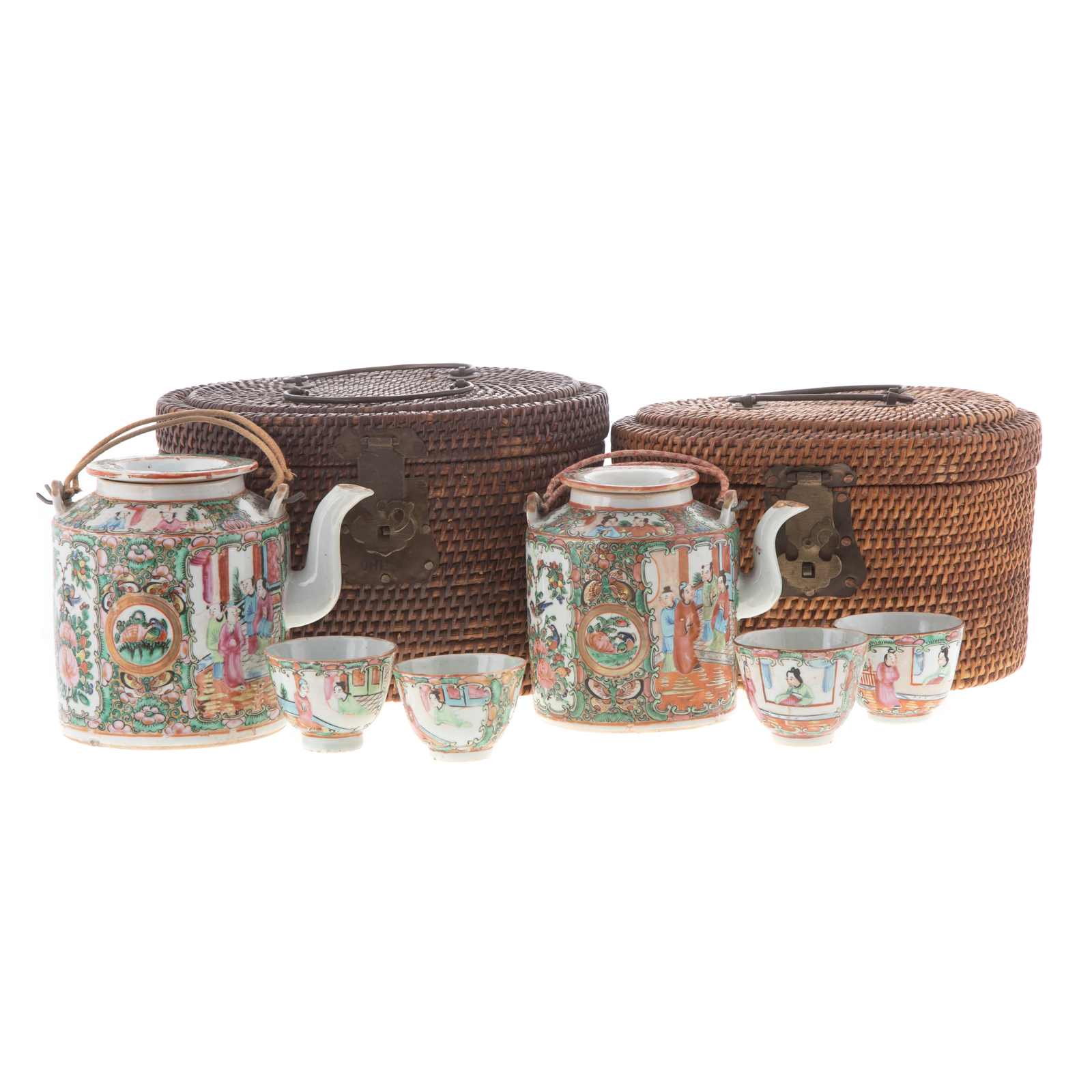 Appraisal: TWO CHINESE EXPORT TEA COZIES WITH TEA WARE Woven reed