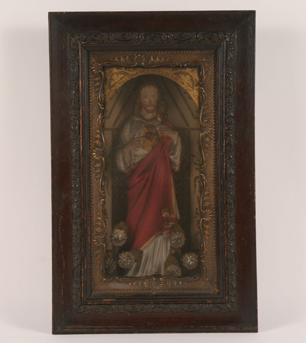 Appraisal: Framed religious statue of saviour sick call box painted chalk