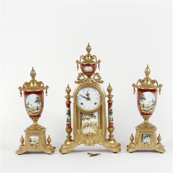 Appraisal: Italian Imperial brass clock garniture set with transfer-printed decoration and