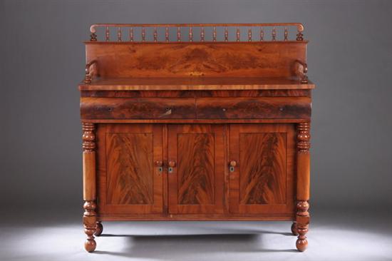 Appraisal: AMERICAN CLASSICAL MAHOGANY SIDEBOARD Circa Three-quarter spindled and galleried rectangular