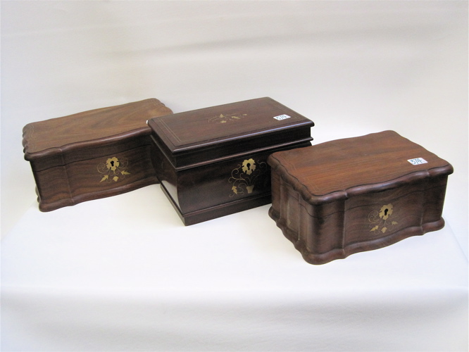 Appraisal: THREE WOOD JEWELRY CHESTS with keys felt lined interiors and