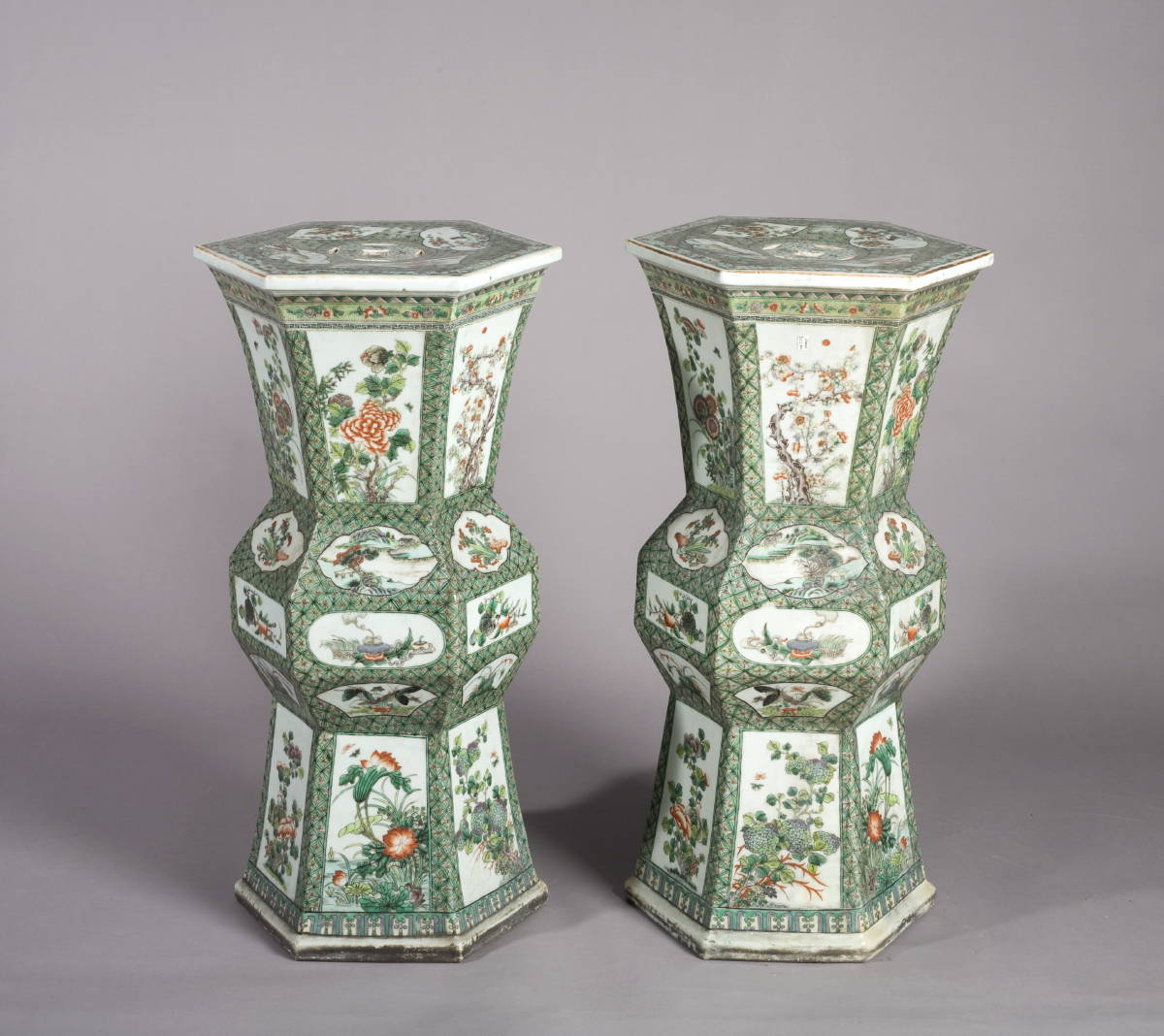 Appraisal: PAIR OF CHINESE PORCELAIN HEXAGONAL GU-FORM PLANT STANDS IN FAMILLE