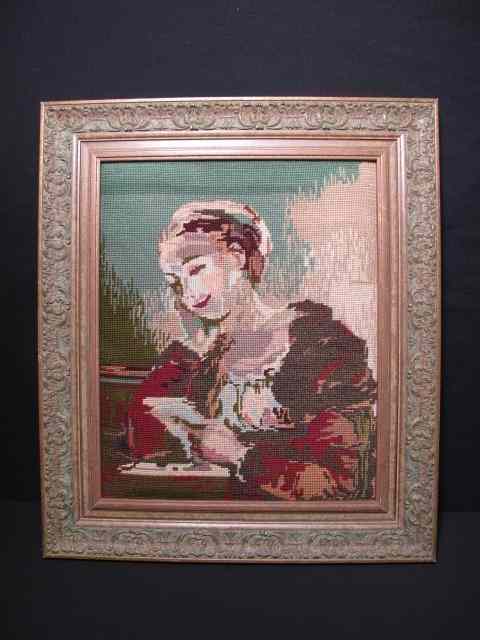 Appraisal: Framed needlepoint depicting woman reading Measures '' x '' Condition