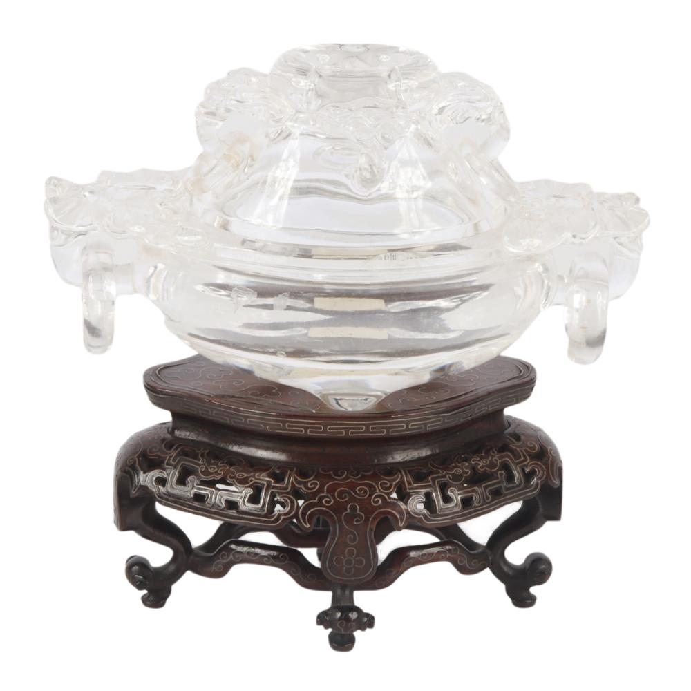 Appraisal: CHINESE CARVED ROCK CRYSTAL CENSER AND COVER ON STAND WITH