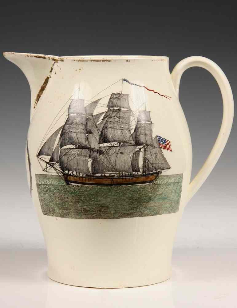 Appraisal: LIVERPOOL JUG - Circa Liverpool Jug decorated with American Men-of-War