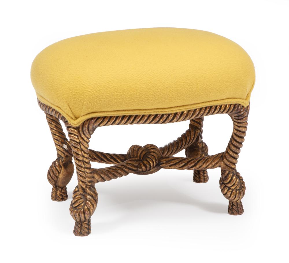 Appraisal: DECORATIVE GILTWOOD ROPE-MOLDED FOOTSTOOLDecorative Giltwood Rope-Molded Footstool upholstered top knotted