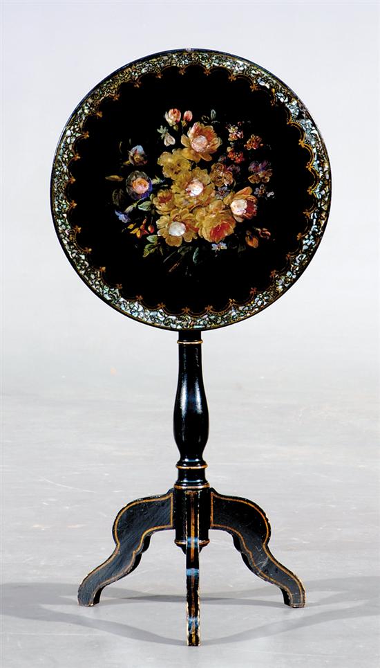 Appraisal: Victorian papier-mache and mother-of-pearl inlaid tilt-top table circa circular top