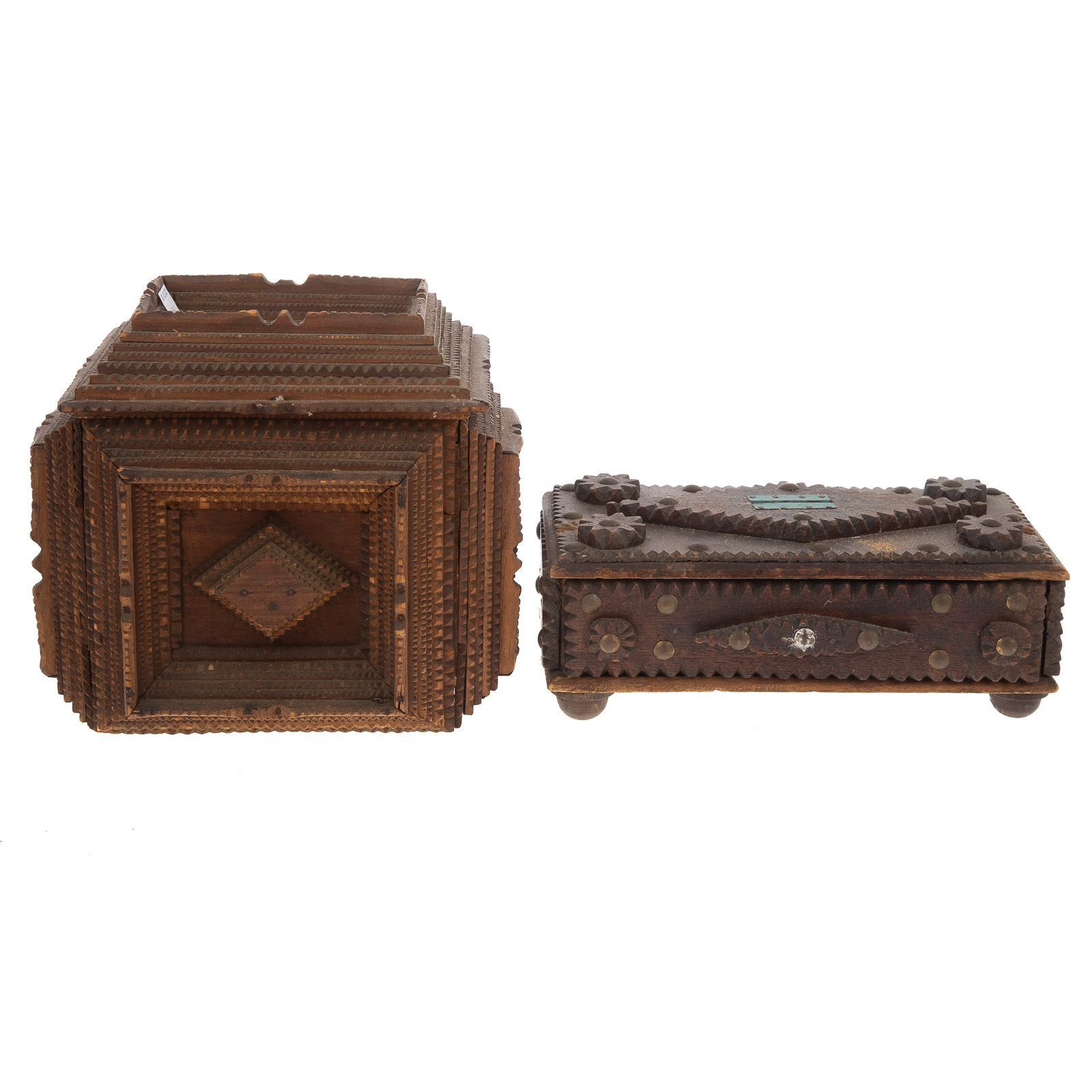 Appraisal: TWO TRAMP ART NOTCH CARVED BOXES Size of largest in