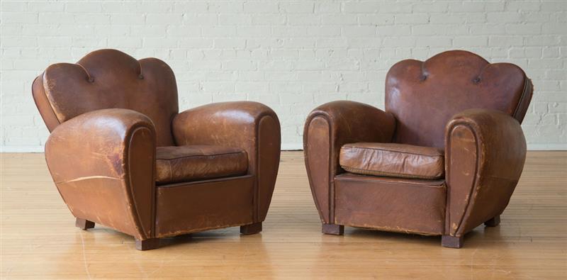 Appraisal: PAIR OF FRENCH ART DECO LEATHER CLUB CHAIRS x x