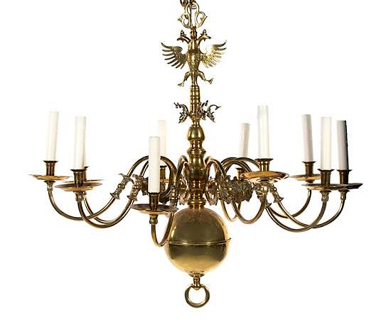 Appraisal: William Mary Style Brass Ten-Light Chandelier Height approximately x diameter