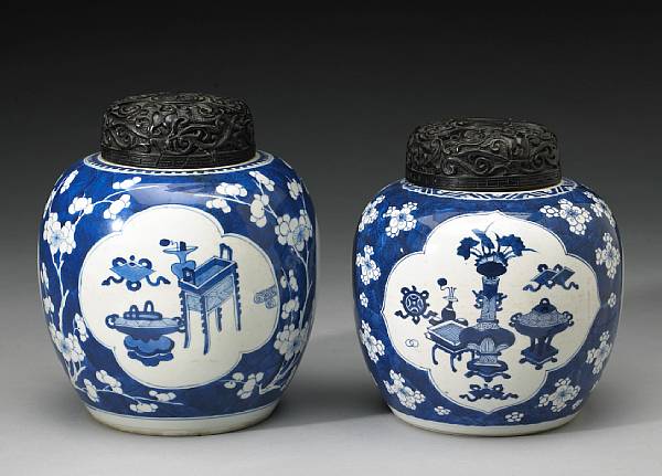 Appraisal: Two blue and white porcelain globular ginger jars Kangxi Period