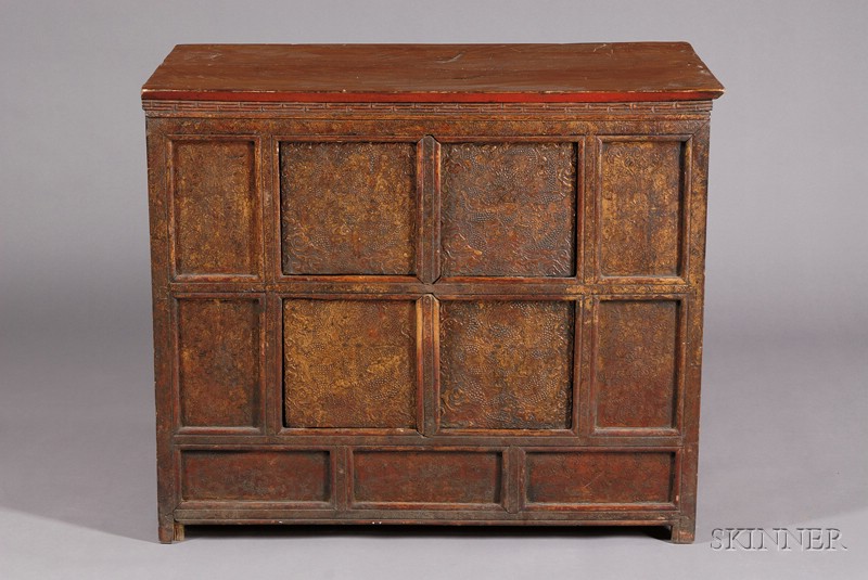 Appraisal: Four-Door Storage Chest Tibet early th century raised gold gesso