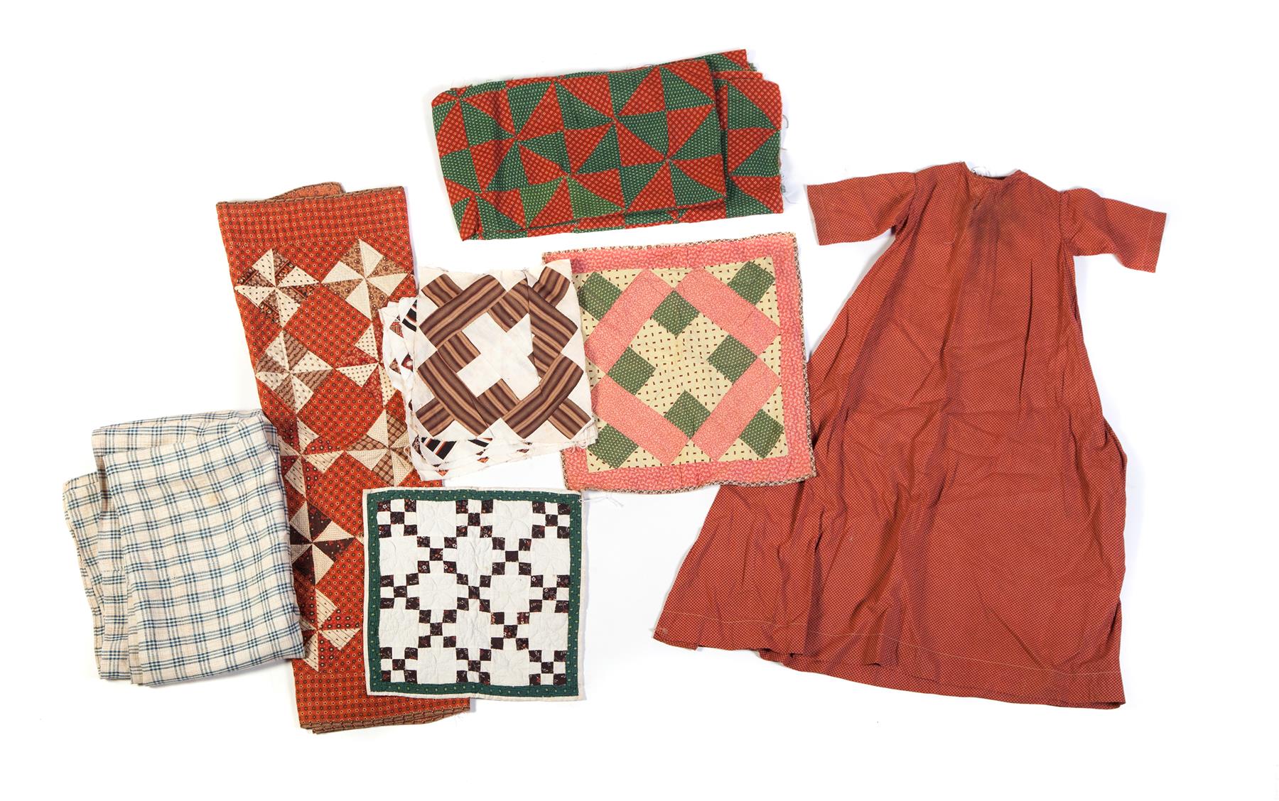 Appraisal: AMERICAN TH-CENTURY TEXTILES INCLUDING CHILD'S QUILT DRESS HOMESPUN Linen homespun