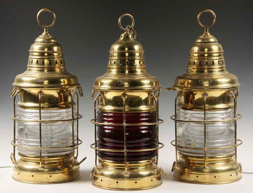 Appraisal: LARGE BRASS ANCHOR LIGHTS - All with Fresnel lenses one