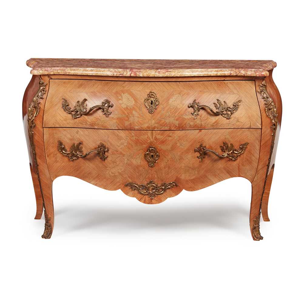 Appraisal: LOUIS XV STYLE KINGWOOD AND MARQUETRY MARBLE TOPPED COMMODE EARLY