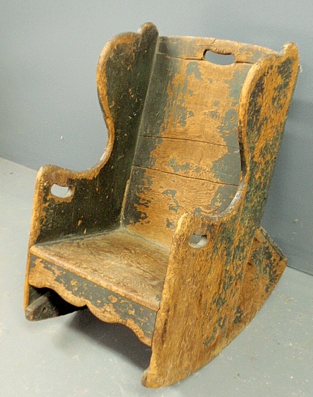 Appraisal: - Primitive pine child s rocker with scalloped skirt and