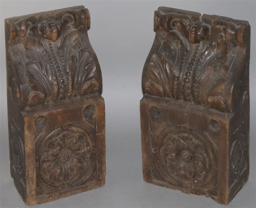 Appraisal: PAIR OF CARVED OAK CORBELS each having a carved rectangular