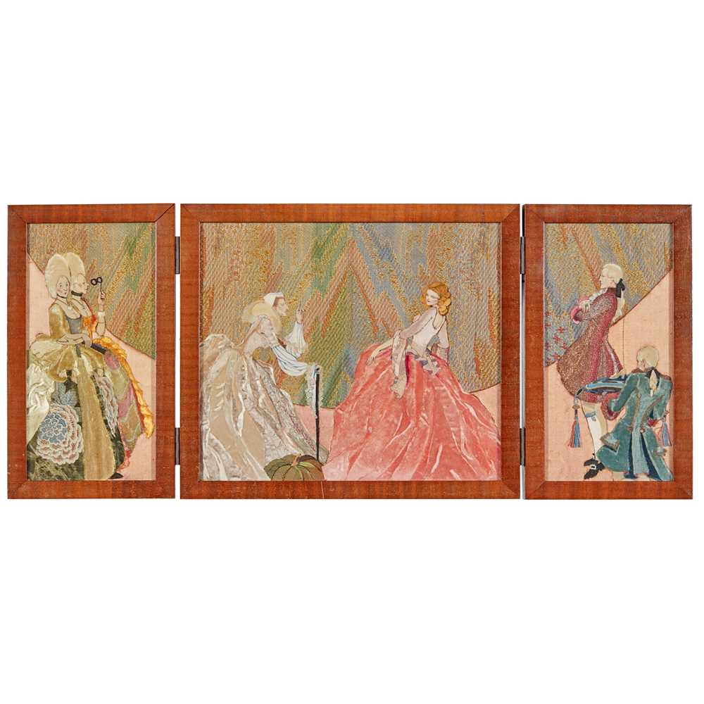 Appraisal: MARY IRELAND -C FAIRYTALE CIRCA appliqu fabric mosaic triptych panel