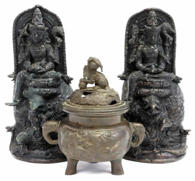 Appraisal: lot of Asian bronze statues and ritual vessel comprising Hindu