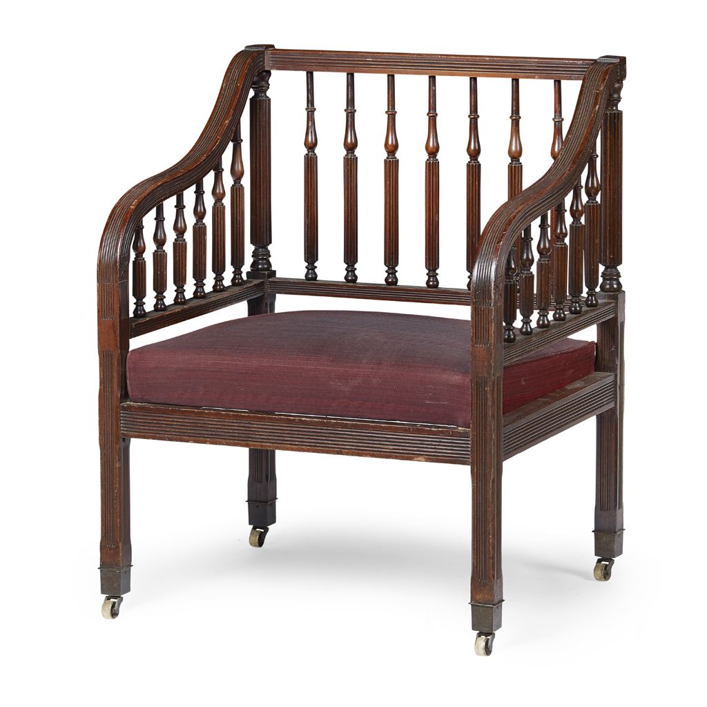 Appraisal: UNUSUAL REGENCY MAHOGANY ARMCHAIR EARLY TH CENTURY the reeded frame