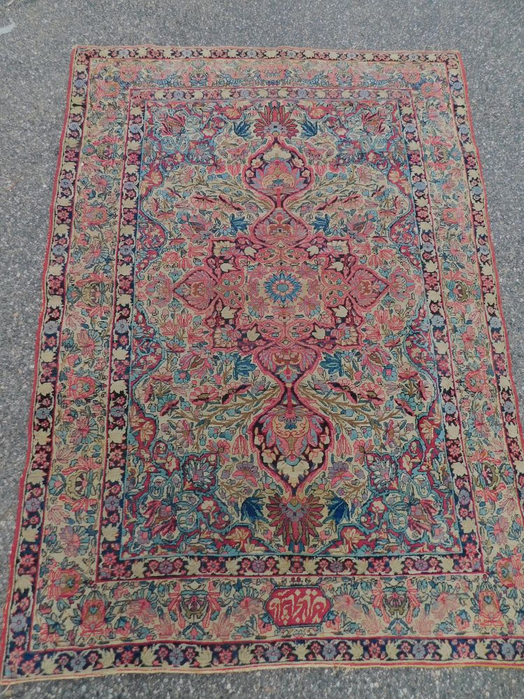 Appraisal: ANTIQUE KIRMAN SCATTER RUG Fine antique Persian Kirman scatter rug