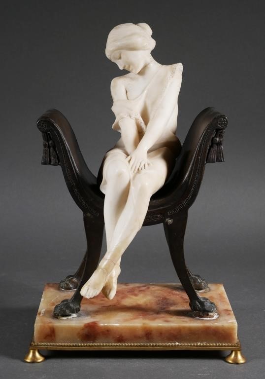 Appraisal: Charming circa s alabaster girl on bronze bench mounted to