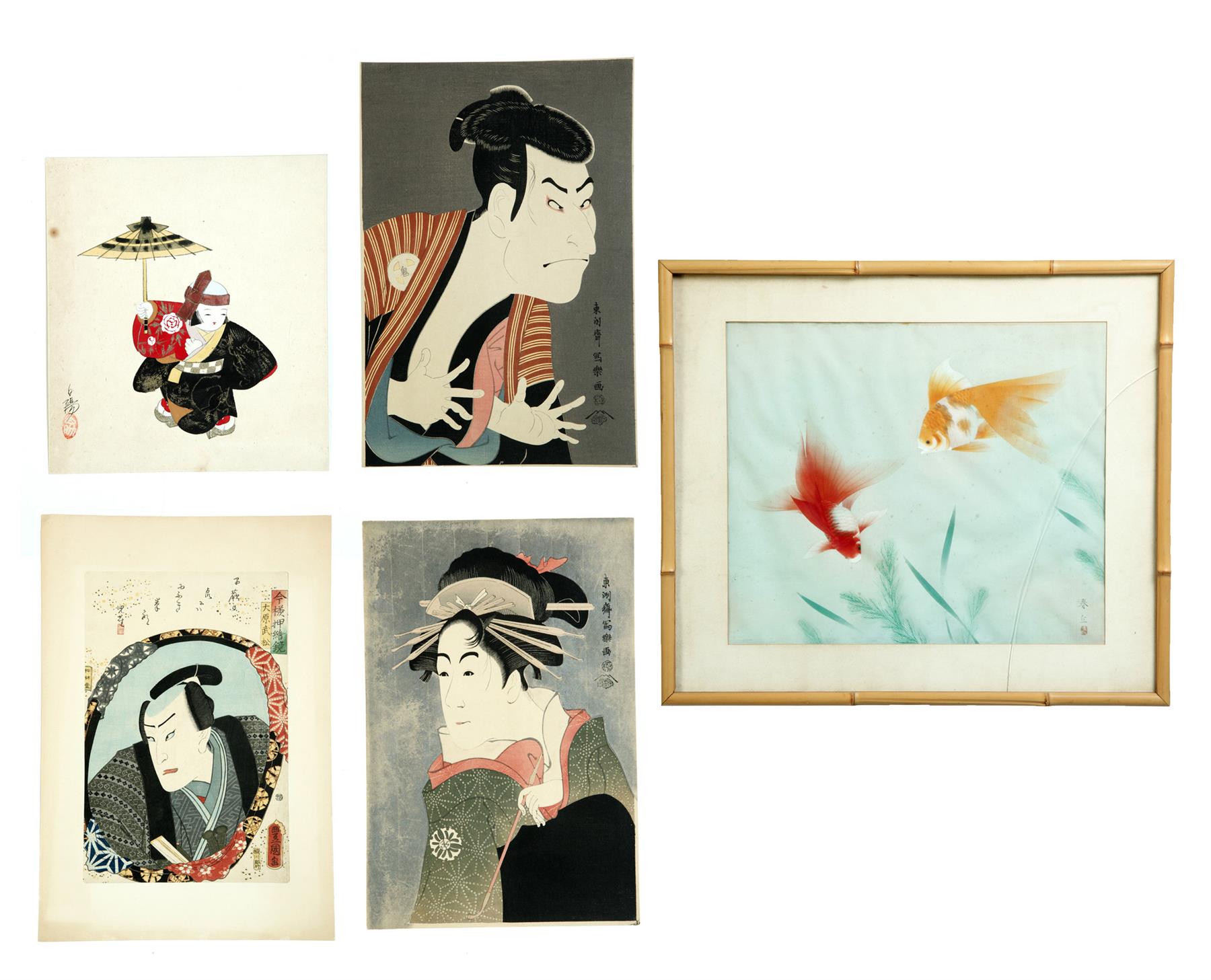 Appraisal: FOUR JAPANESE WOODBLOCK PRINTS AND A PAINTING Nineteenth- th century