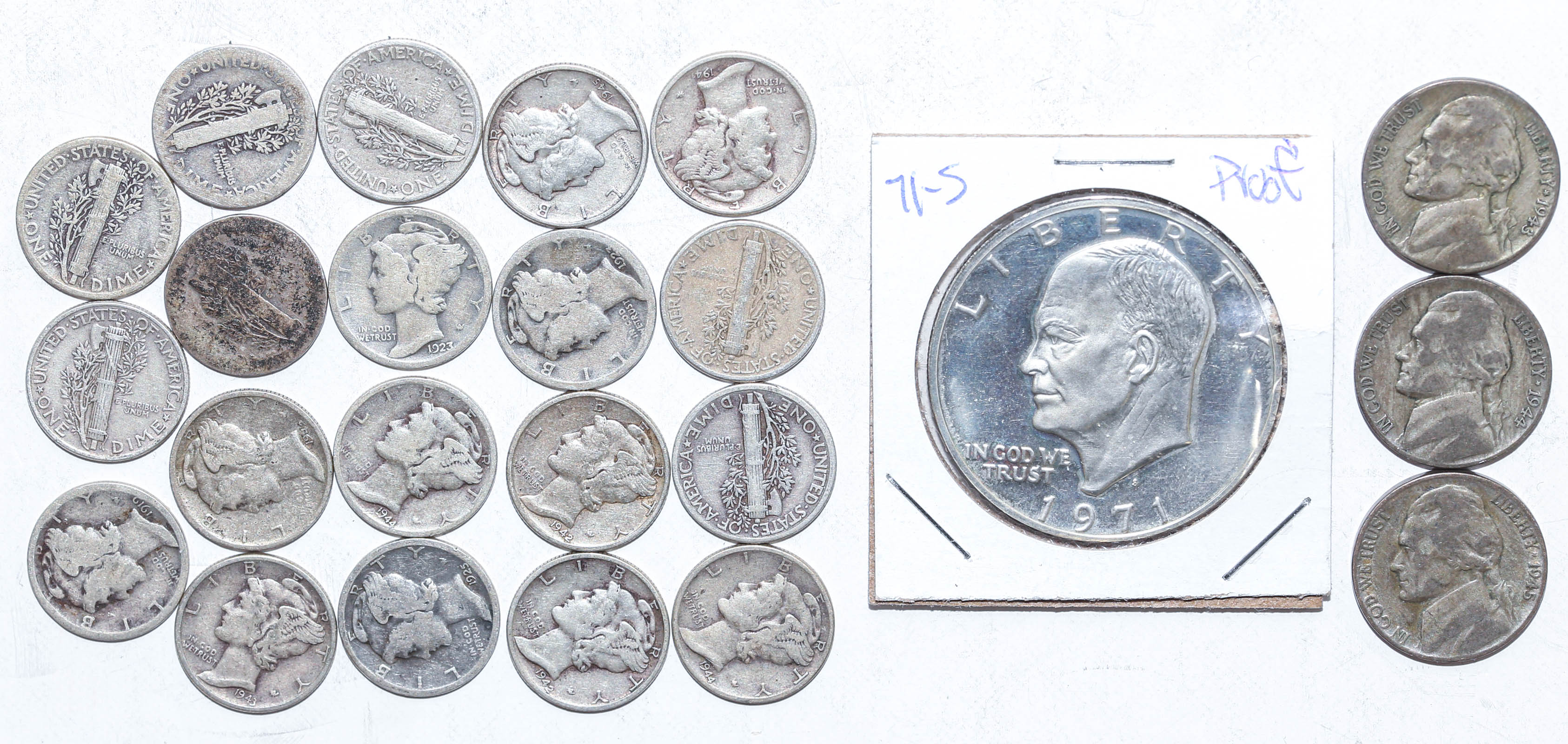 Appraisal: MERCURY DIMES -S PROOF IKE THREE WAR NICKELS