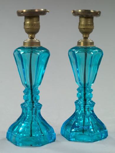 Appraisal: Pair of American Pressed Periwinkle Blue Glass Accent Lamps second