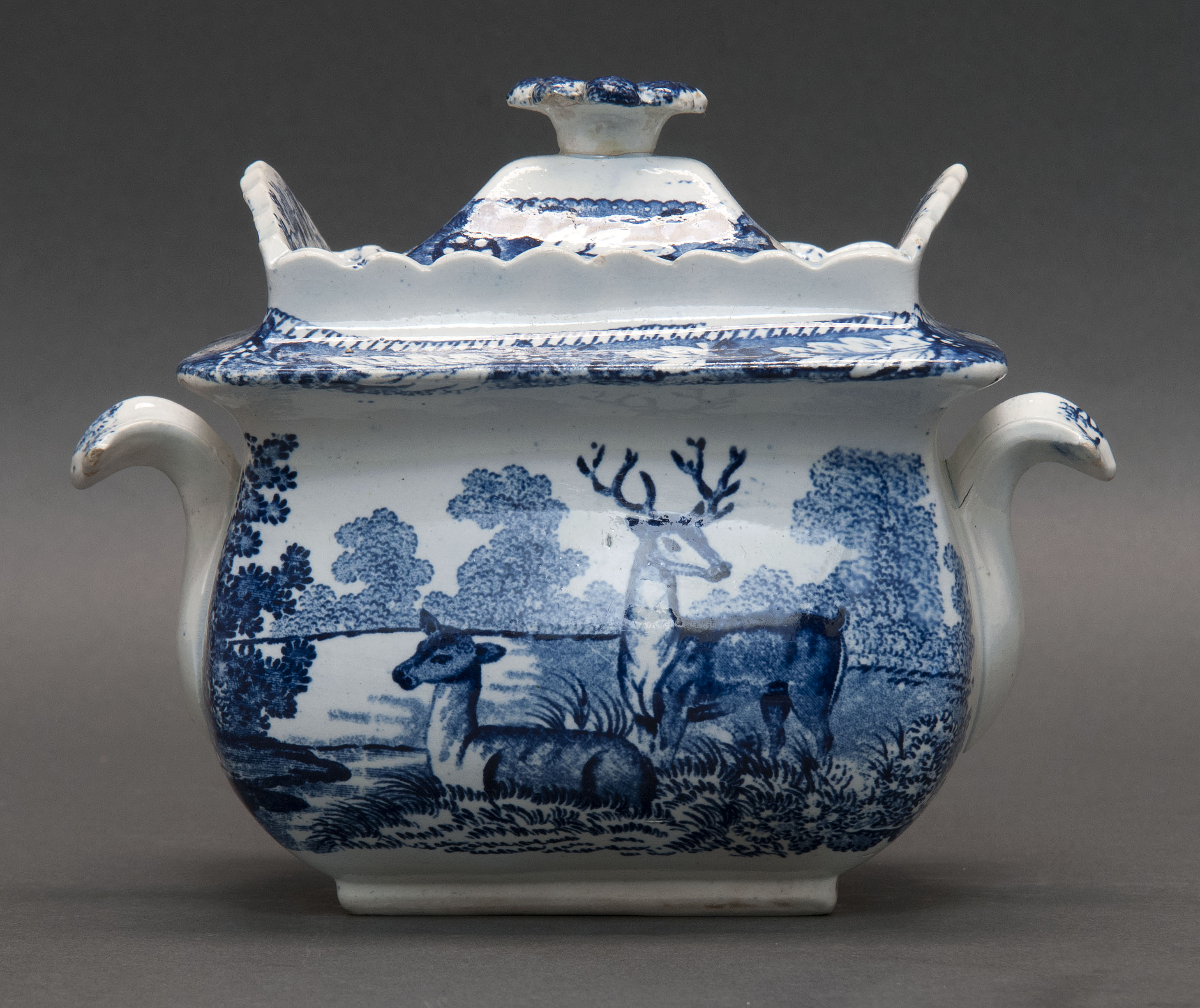 Appraisal: BLUE AND WHITE STAFFORDSHIRE COVERED SUGAR BOWL English th CenturyIn