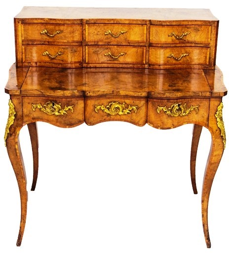 Appraisal: A th century walnut serpentine writing desk with fitted superstructure