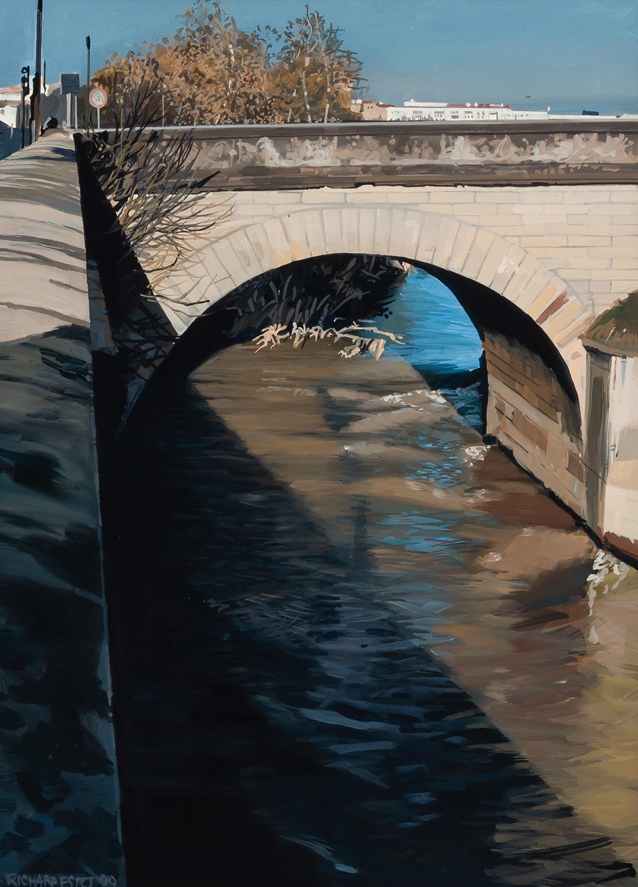 Appraisal: RICHARD ESTES American b Under the Bridge oil on paper