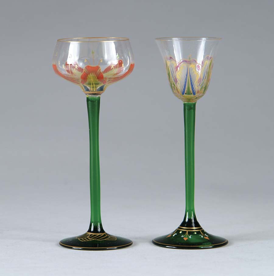 Appraisal: SET OF TWO AUSTRIAN ENAMELED CORDIALS Clear bowls with enameled