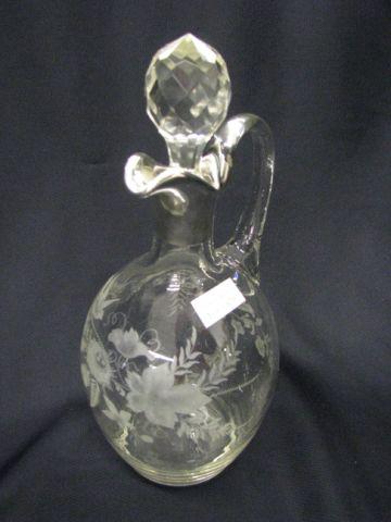 Appraisal: Etched Silver Overlay Glass Decanter bird nest floral decor