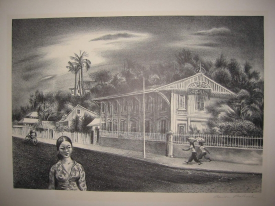 Appraisal: AARON BOHROD Two lithographs Tropical Street Scene circa x mm