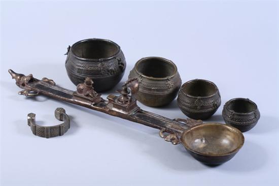 Appraisal: FOUR INDIAN BRONZE BOWLS FIGURAL UTENSIL AND BRACELET - Largest