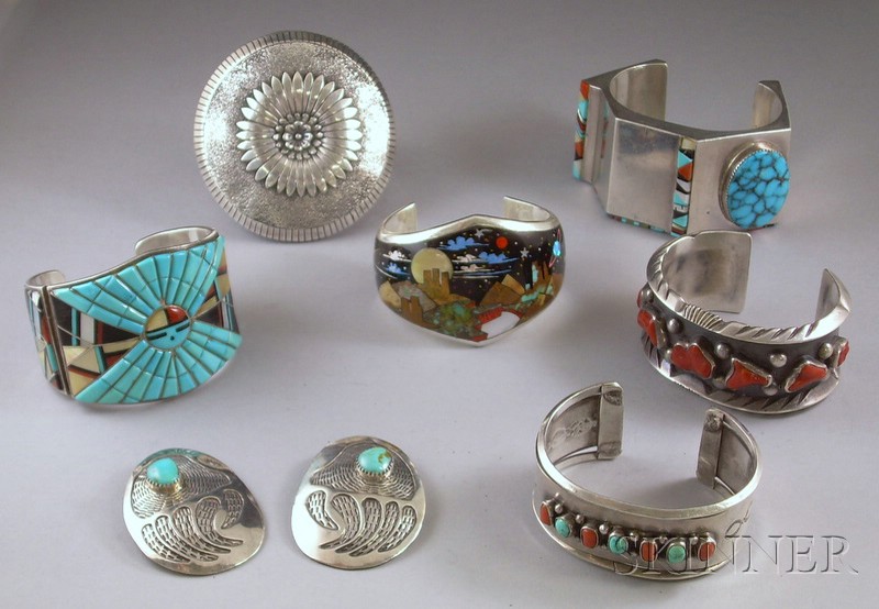 Appraisal: Six Silver Southwestern Bracelets and a Pair of Earrings one