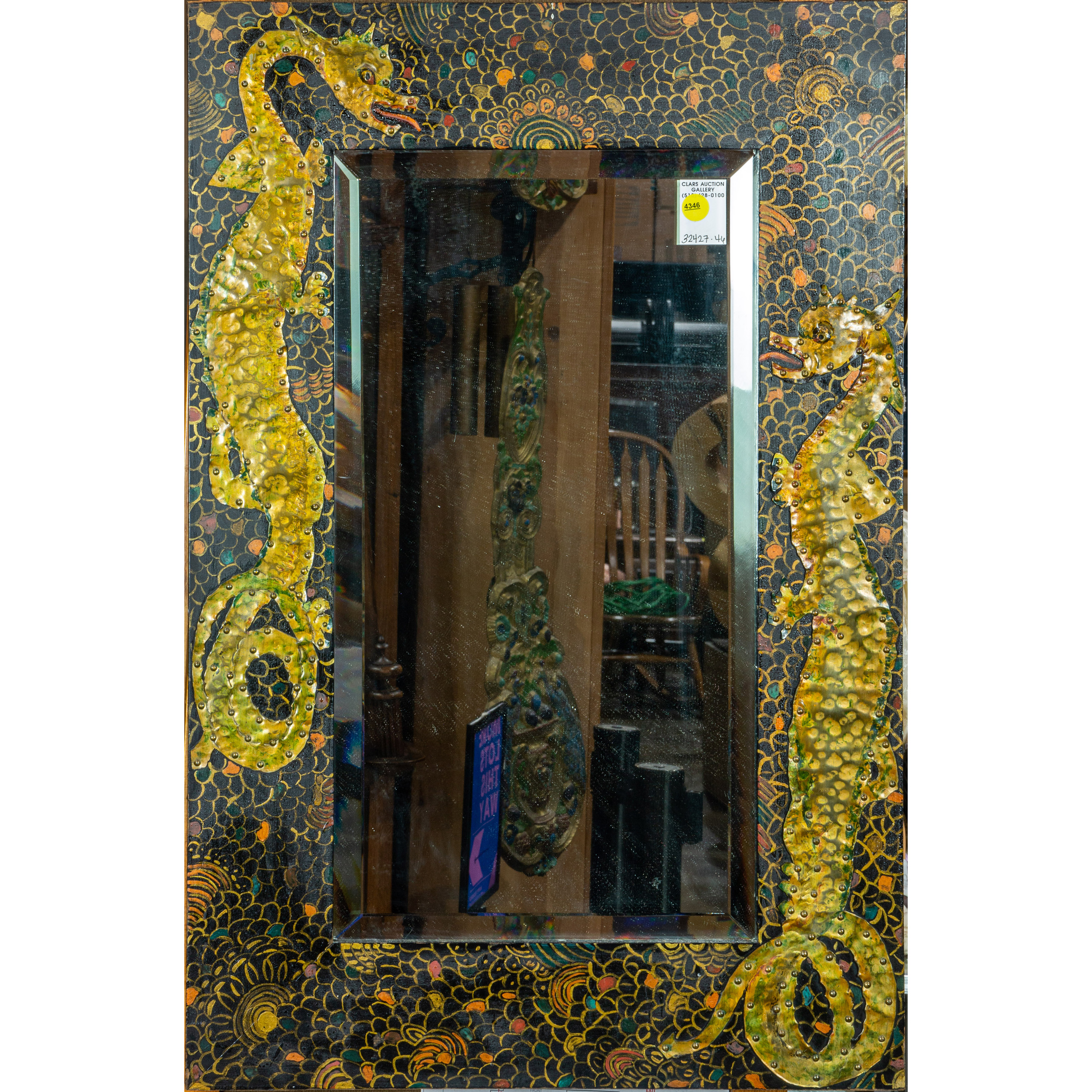 Appraisal: AMERICAN CUT BRASS MOUNTED POLYCHROME PAINTED WOOD WALL MIRROR IN