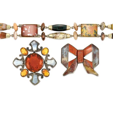 Appraisal: Antique Double Strand Scottish Agate Bracelet and Two Brooches Estimate